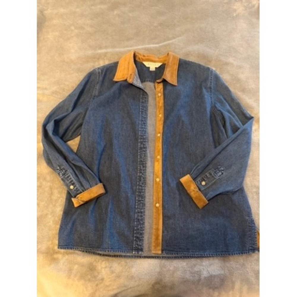 Casual Corner Annex Denim Button Down Western Tan Trim Womens Large 100% Cotton‎